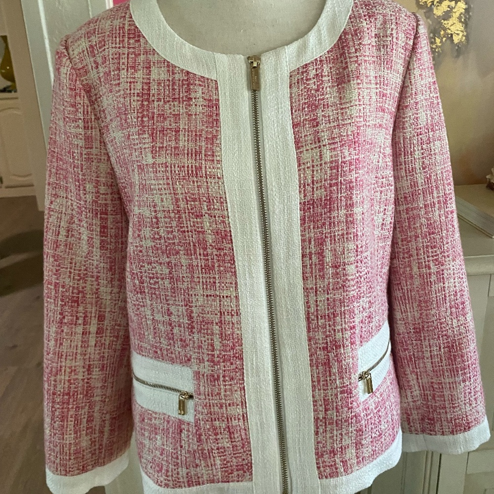 Karl Lagerfeld Paris Pink+White Tweed  Zip Front Jacket Size 14